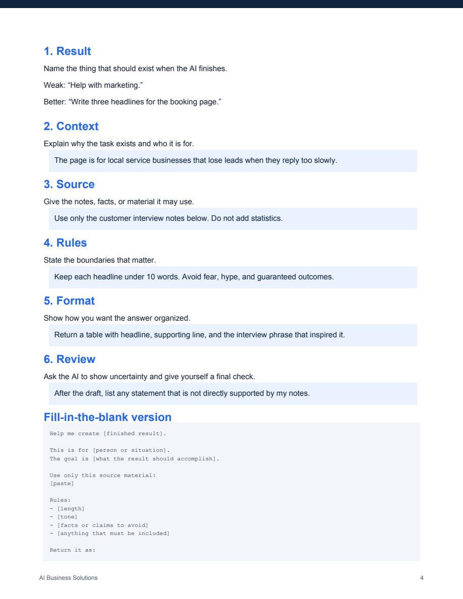 Actual interior page from Ask Better, Get Better showing the six-part request framework